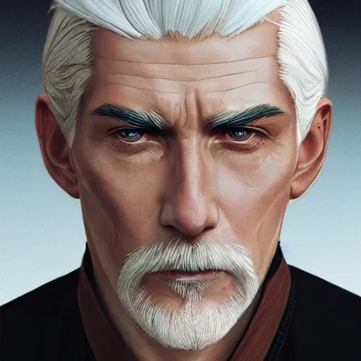 Prompt: man with white hair profile, dark circles, tired, unreal engine, Disney, intricate, elegant, highly detailed, digital art, art by JC Leyendecker and sachin teng