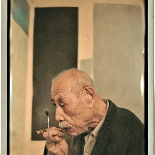 Image similar to An oldman, smoking, in a bar, Chinese Painting, Polaroid, Wide Angle