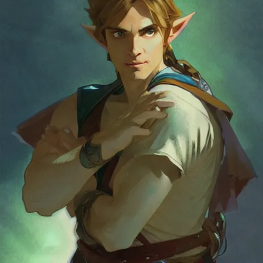 Prompt: Stunning portrait of a young Link from the Legend of the Zelda. Art by Greg Rutkowski and Alphonse Mucha