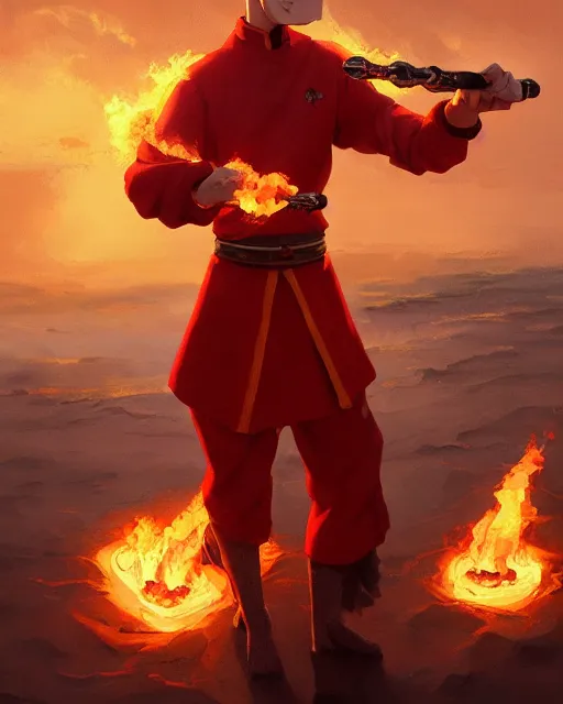 Image similar to [ squidward ] wearing fire nation clothing and practicing firebending outside at susnset, oil painting, highly [ detailed ], intricate, hd, sharp focus, photorealistic, by moebius and greg rutkowski, trending on artstation, trending on cgsociety, realistic shading and lighting