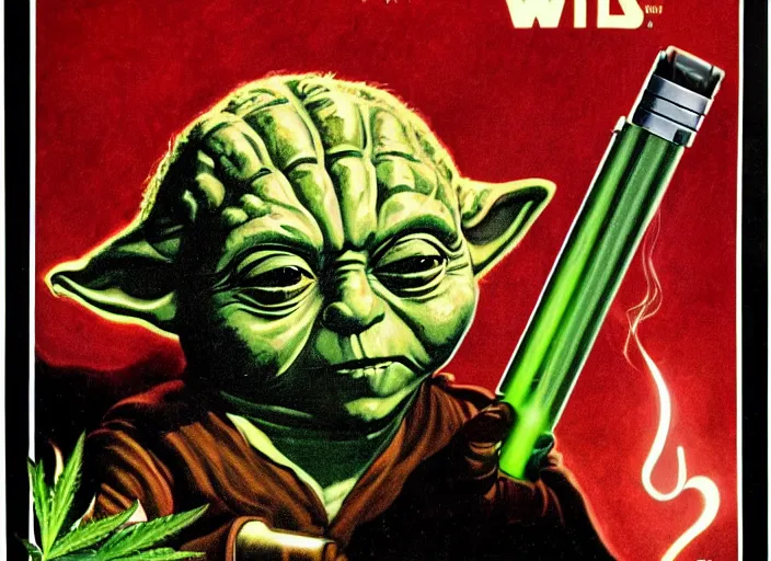 Image similar to vintage 1 9 7 7 star wars movie poster, of yoda with bloodshot eyes smoking a huge marijuana cigarette, surrounded by cannabis plants