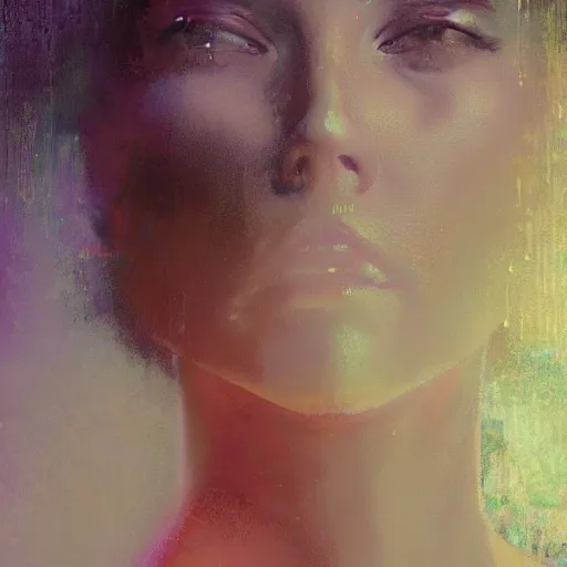 Image similar to detailed portrait of a woman, moment, cyberpunk cloisters, electronic billboards, tech noir, wet reflections, atmospheric, ambient, livia prima, greg rutkowski, wlop, george tooker, gil elvgren, grant wood, alexis flower, hopper, mucha, whistler, norman rockwell, peter max,