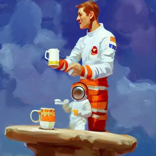 Image similar to a giraffe dressed like an astronaut drinking tea with queen isabel, trending on artstation, art by greg manchess, guangjian, detailed digital art, artstation hd