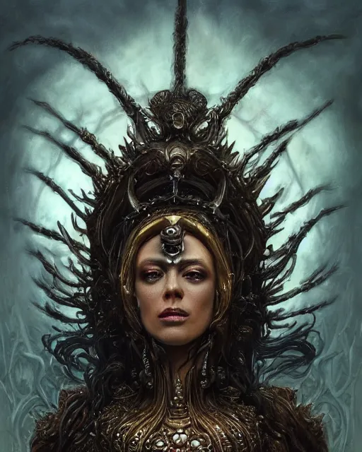 Image similar to full portrait of queen of the last hive, black metal shiny skin. intricate, elegant, highly detailed, centered, digital painting, artstation, concept art, smooth, sharp focus, illustration, artgerm, tomasz alen kopera, peter mohrbacher, donato giancola, joseph christian leyendecker, wlop, frank frazetta