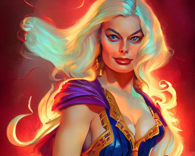 Image similar to margot robbie as a strong fantasy magician who does magic, colorful spells, fantasy art, in the style of Fernando Juarez, illustration, epic art, fantasy, intricate, elgant, amazing detail, digital painting, artstation, concept art, smooth, sharp focus