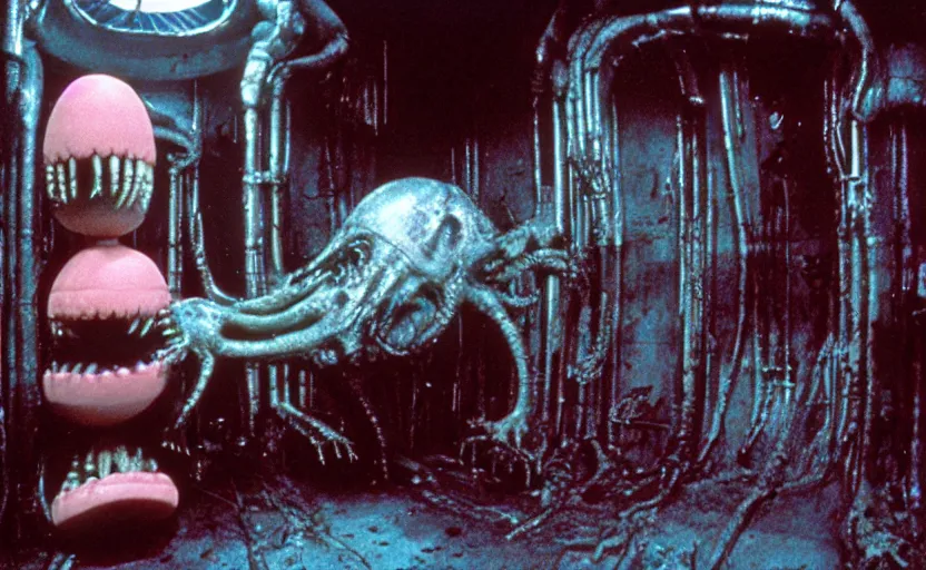 Image similar to peppa the pig infected by xenomorph from movie alien 1 9 7 9, staying at nostromo spaceship. extreme long shot, cinestill, giger, hermann nitsch, dark colors