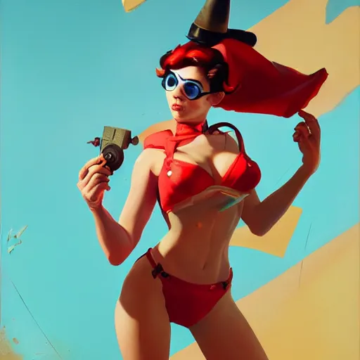 Prompt: pinup overwatch tracer in a red bikini, artwork by sergey kolesov, medium shot, asymmetrical, organic painting, sunny day, matte painting, bold shapes, hard edges, street art, trending on artstation, by huang guangjian and gil elvgren and sachin teng