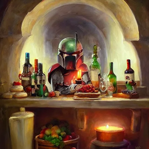 Prompt: wine cellar full of food, torches on the wall, schnapps, romantic, inviting, cozy, Boba fett, painting Vladimir Volegov