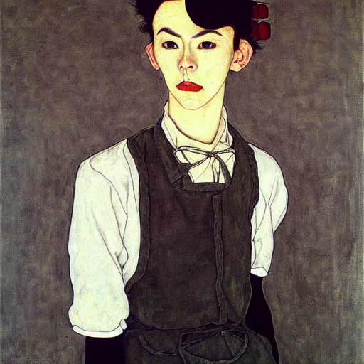 Prompt: full body painting of grumpy handsome thin beautiful man in his 2 0 s named min - jun in a french female maid outfit, modern clothing, elegant, clear, painting, stylized, delicate facial features, stylized thin lines, soft but grumpy, highly detailed, art, art by egon schiele