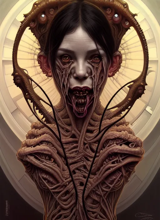 Prompt: symmetry!! portrait of grotesque and gruesome female, cosmic horror, lovecraftian horror, intricate, horror!! highly detailed, digital painting, artstation, giger concept art, smooth, sharp focus, illustration, art by artgerm and greg rutkowski and alphonse mucha and junji ito, 8 k