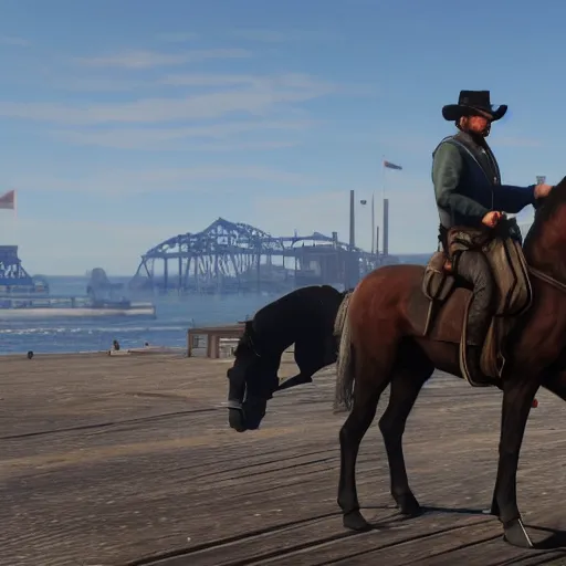 Image similar to arther morgan from red dead redemption 2 in los angeles pier