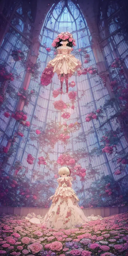 Image similar to the beautiful hyper detailed of a rose wedding gothic lolita dress clothing design display in exhibition hall, exhibition hall lighting, in the style of makoto shinkai victo ngai and peter mohrbacher studio ghibli artgerm karol bak beeple, animation style, 8 k hd, dream, animation style, 3 drender, hyperdetailed