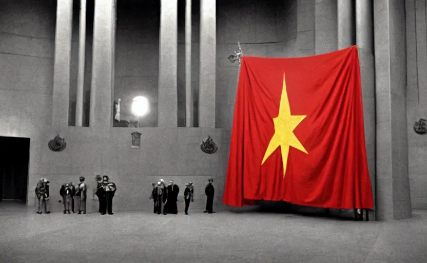 Image similar to 60s movie still of a giant stalinist style sovietic parlement with a giant USSR flag, by Irving Penn , cinestill 800t 35mm eastmancolor, heavy grainy picture, very detailed, high quality, 4k, HD criterion, precise texture, panoramic, cinematic