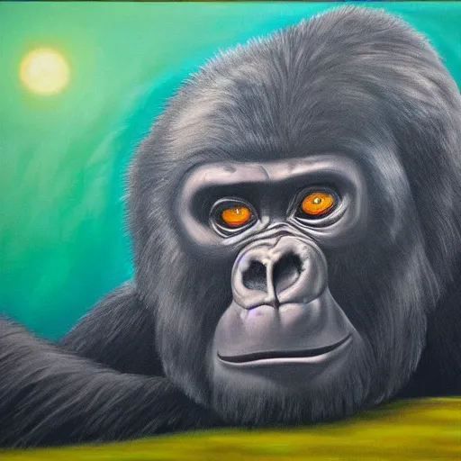 Image similar to haunted surrealist painting of a gorilla, landscape background, oil painting