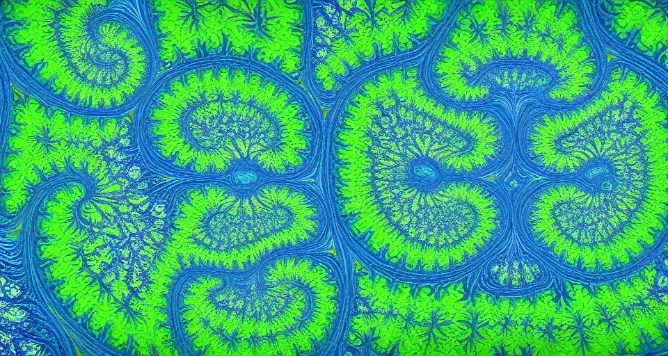 Image similar to low quality blurry cell phone footage of an abstract blue and green fractal, symmetry, dark