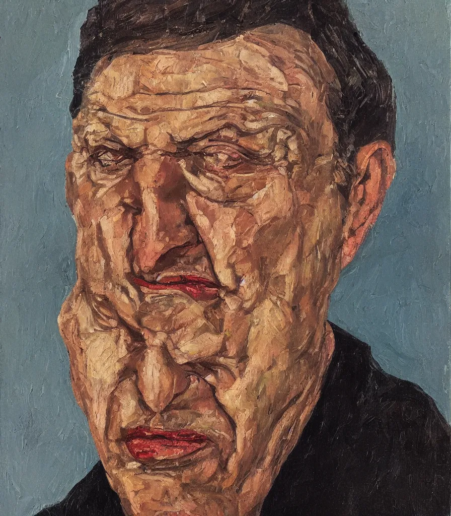 Prompt: head shot of a russian man in the style of lucian freud self portrait. oil painting, thick brush strokes.