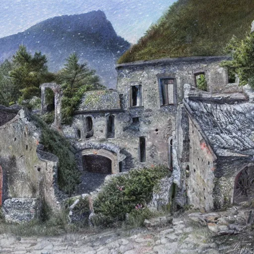 Image similar to ruins on top of mountain in the village of verclause france, digital painting, realism, 4 k,