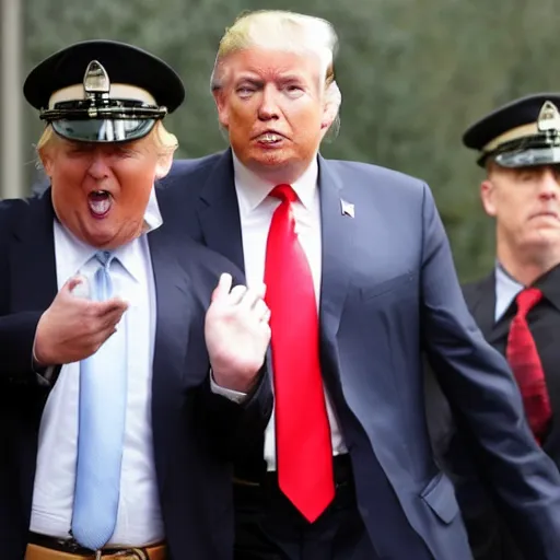 Prompt: ! imagine fat flabby and old donald trump arrested for being a traitor who stole nuclear secrets