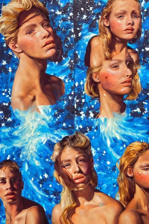 Prompt: hyperrealism oil painting, close-up, group face portrait, fashion model and melting cyborg, ocean pattern mixed with star sky in front, in style of classicism mixed with 70s sci-fi book art