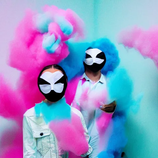 Image similar to photo of dancers made from cotton candy in big geometric MASKS, smudge, lo fi, mix, texture, lomography