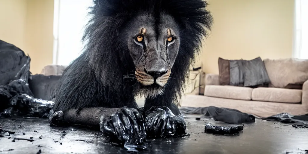 Prompt: the smooth black lion, made of smooth black goo, laying on the couch in the living room after bathing in the ferrofluid, viscous, sticky, full of tar, covered with black goo. photography, dslr, reflections, black goo