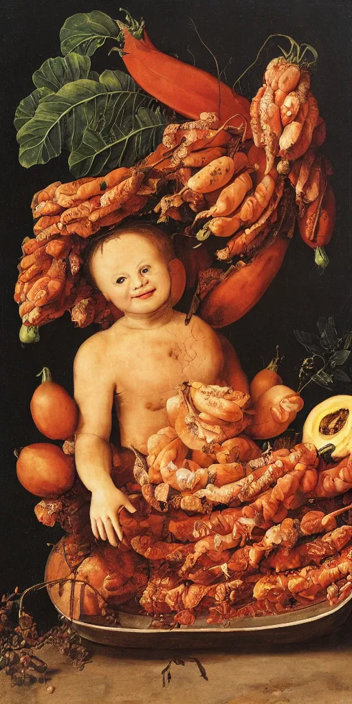 Prompt: a boy sitting in a tub full of tomato sauce, the moon is made by bananas, by giuseppe arcimboldo, renaissance, portrait, fruit, detailed oil paint, high definition