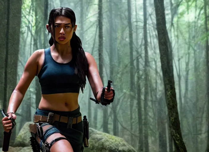 Image similar to film still of!!!! amber midthunder!!! as lara croft in new tomb raider movie, 8 k