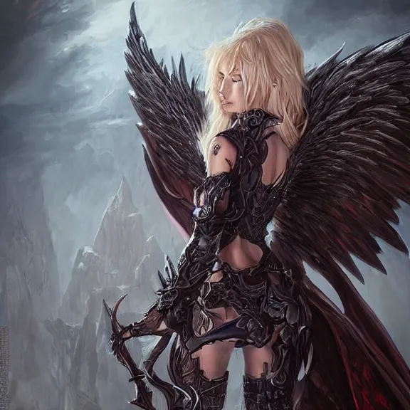 Image similar to A female angel with a dark armour and one pair of vig devil wings , D&D , fantasy , highly detailed, digital art, artstation, smooth, sharp focus, fantasy illustration, art by Peter Tang and artgem and Alina Ivanchenko and Hirokazu Yokohara and Kago Shintaro