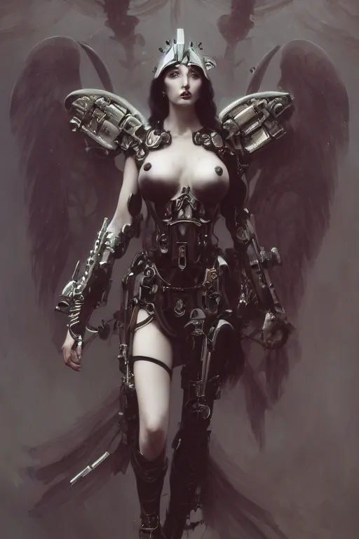 Image similar to Beautiful pale warhammer 40000 goth girl with mechanical wings and many wires, masterpiece 4k digital illustration by Ruan Jia and Mandy Jurgens and Artgerm and william-adolphe bouguereau, highly detailed, trending on artstation, award winning,