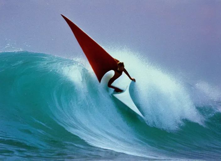 Prompt: color photo of a shark fin in water. surfergirl riding a big wave in the 8 0's