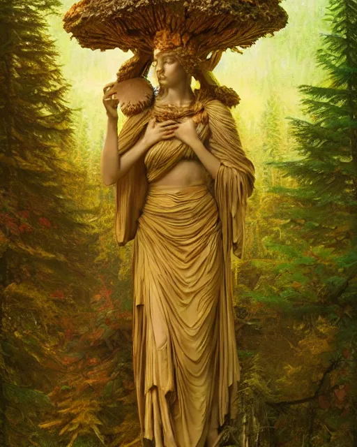 Image similar to Ancient statue of wise mushroom goddess wearing pagan clothes and leaves lost in the heart of the pristine cedar forest | dramatic light | cinematic lighting | sunshafts, volumetric lighting | golden hour | style of donato giancola