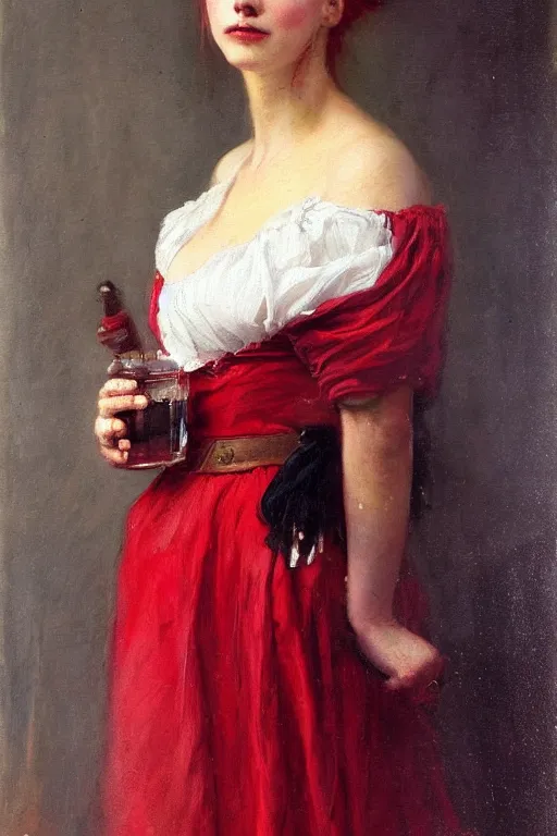 Image similar to Solomon Joseph Solomon and Richard Schmid and Jeremy Lipking victorian genre painting full length portrait painting of a young beautiful woman traditional german barmaid in fantasy costume, red background