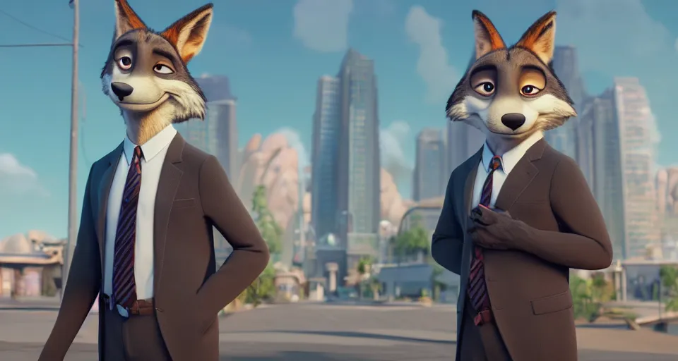 Image similar to a film still from zootopia main character portrait anthro anthropomorphic wolf security guard head animal person fursona wearing suit and tie pixar disney animation sharp rendered in unreal engine 5 anime key art by greg rutkowski bloom dramatic lighting modeling beginner render