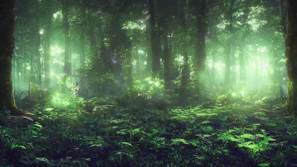 Image similar to beautiful lush ethereal magic mana ireland forest, night sky with dazzling stars, fairies, fireflies, bokeh, octane render, unreal engine, raytracing, crystallized, intricate, hyper detailed, light rays