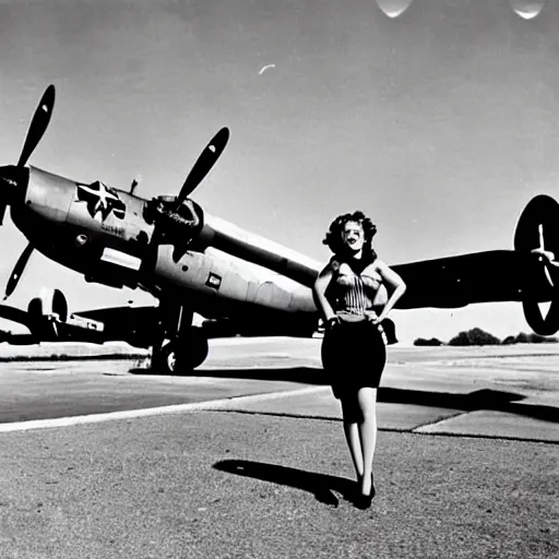 Image similar to Christina Hendricks as a pinup girl painted on the side of a B-25 bomber. Vintage color photograph, WWII, aircraft nose art