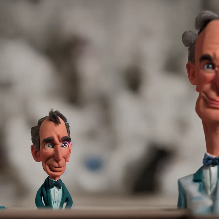 Prompt: a cinematic film still of a claymation stop motion film starring bill nye, shallow depth of field, 8 0 mm, f 1. 8