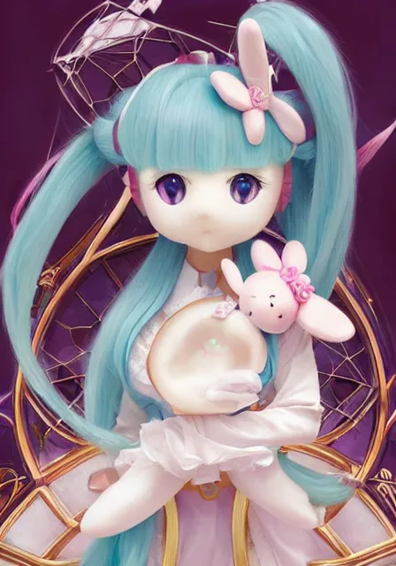 Image similar to hatsune miku with blue bunny hair, holding cinnamoroll from sanrio, intricate, elegant, highly detailed, digital painting, artstation, concept art, smooth, sharp focus, illustration, art by artgerm and greg rutkowski and alphonse mucha and william - adolphe bouguereau