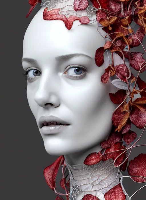 Image similar to complex 3d render ultra detailed of a beautiful porcelain profile woman face, mechanical vegetal cyborg, 150 mm, beautiful natural soft light, rim light, Alexander Mcqueen haute couture, silver gold details, surreal portrait, magnolia big leaves and stems, roots, fine foliage lace, mesh wire, intricate details, hyperrealistic, mandelbrot fractal, anatomical, red lips, silver metal armor, facial muscles, cable wires, microchip, elegant, white background, octane render, H.R. Giger style, 8k