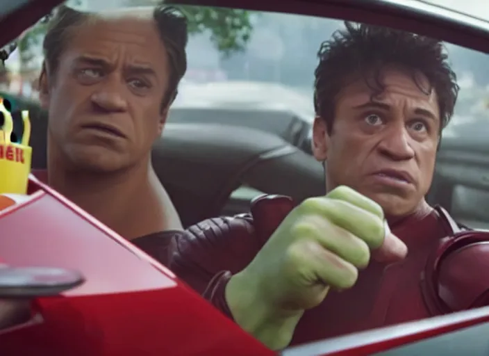 Image similar to film still of hulk working at mcdonalds drive through in the new avengers movie, 4 k