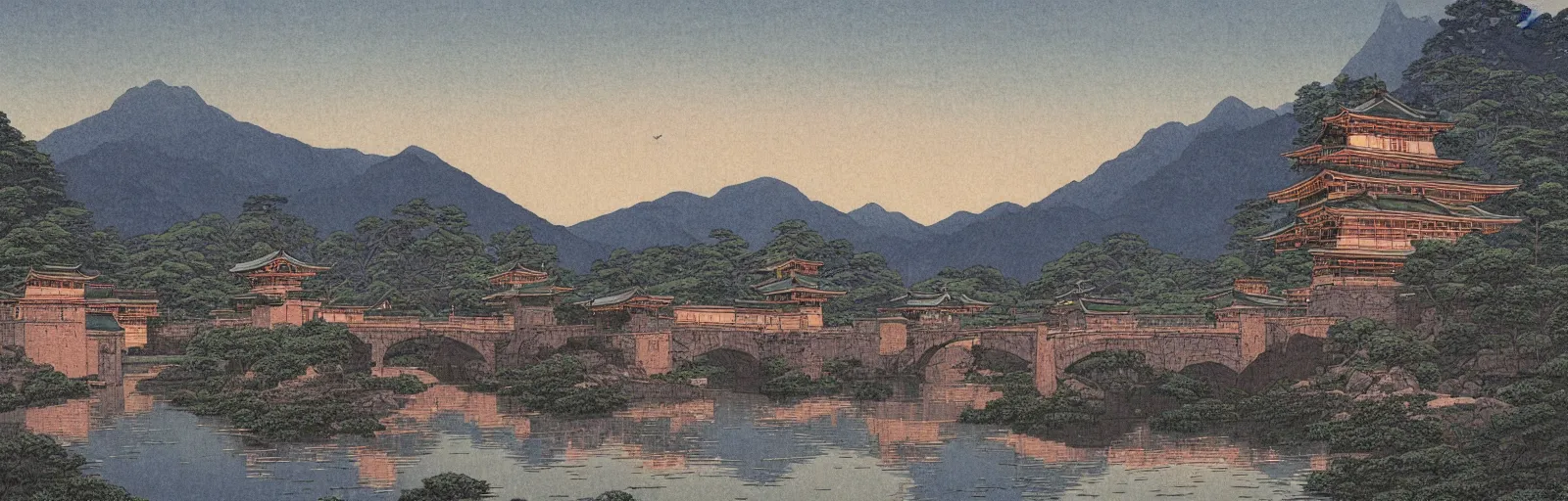 Prompt: landscape painting of multiple large interconnected castles,moat,bridge,mountains,digital art,night sky,by Paul Bril and Kawase Hasui masterpiece,high quality,pretty,fantasy,impossible