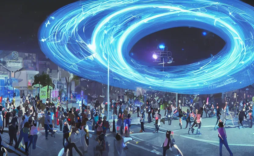 Prompt: crowd of crazy people with posters attacking cops in front a huge blue spiral - shaped bright white luminous attractor that is floating and stores in los angeles with light screens all over the street, concept art, art for the game, professional lighting, night lighting from streetlights