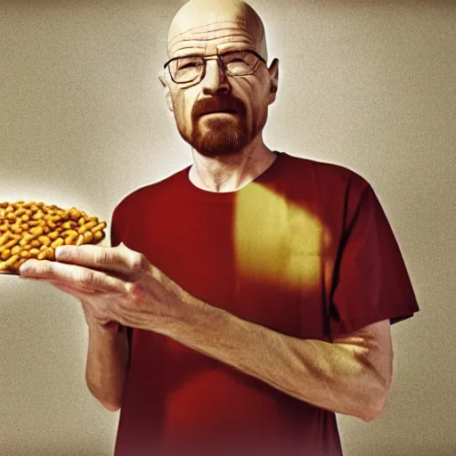 Prompt: walter white eating baked beans, photography,