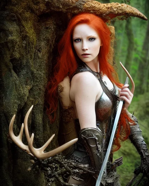 Image similar to 5 5 mm portrait photo of an armored redhead woman with a sword, and antlers growing from her head, in a magical forest. by luis royo. highly detailed 8 k. intricate. lifelike. soft light. nikon d 8 5 0. cinematic post - processing