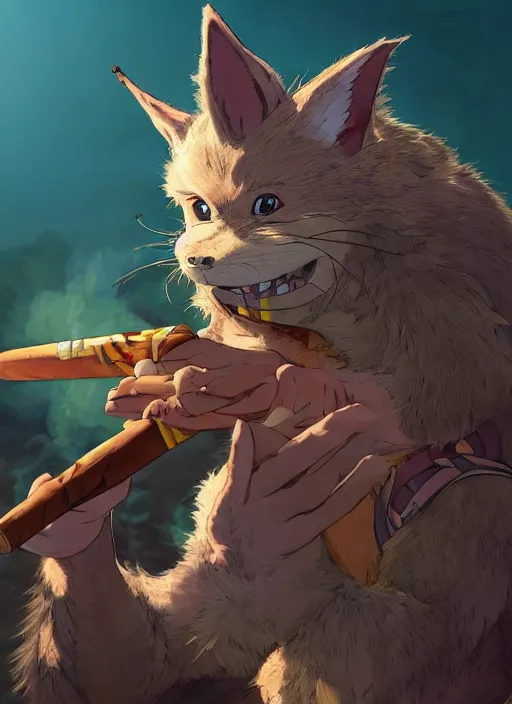 Prompt: studio ghibli pathfinder 2 e illustration of furry goblin smoking a cigar, character portrait, unreal engine, hyper realism, realistic shading, cinematic composition, realistic render, octane render, detailed textures, photorealistic, wide shot