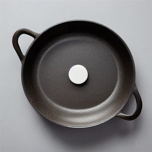 Prompt: minimal iron cast pan, with a round handle