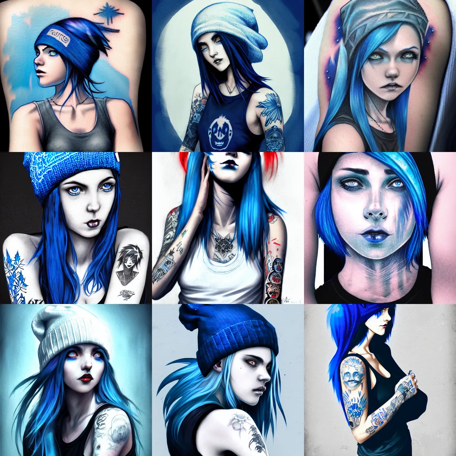 Prompt: beautiful blue haired girl , dark blue beanie , perfect face , clean white symmetrical face , tattoo sleeve on her right arm , punk-rocker , white tank top with a print , 4k , digital art , illustration , photorealistic , style of Jordan Grimmer and greg rutkowski