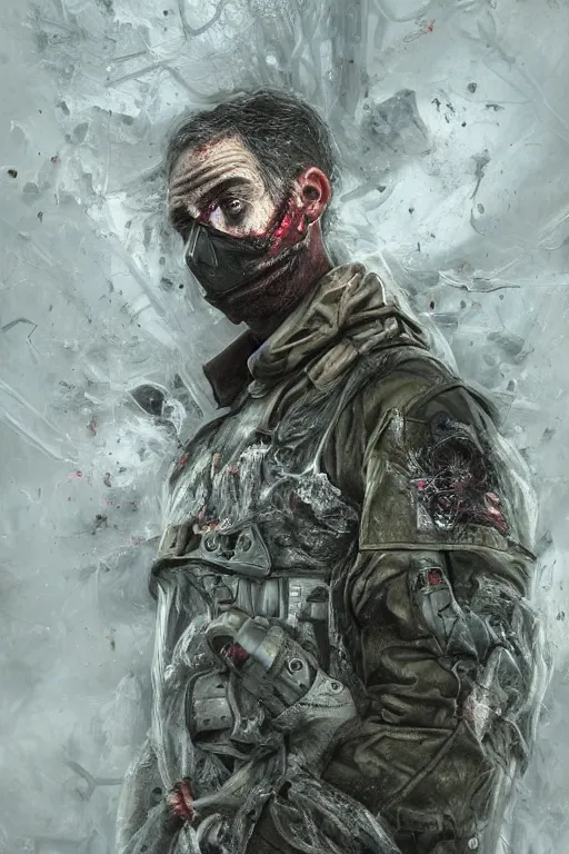 Image similar to the portrait of a man in a biohazard suit by mahmoud farshchian, mia brownell, very detailed, maximalism, ambient occlusion, volumetric light, atmospheric haze, hyper realism, realistic shading, cinematic composition, realistic render, photorealistic, wide shot