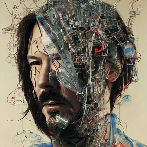 Image similar to keanu reeves as a cyberpunk noir detective, skulls, wires cybernetic implants, machine noir grimcore, in the style of adrian ghenie esao andrews jenny saville surrealism dark art by james jean takato yamamoto and by ashley wood and mike mignola