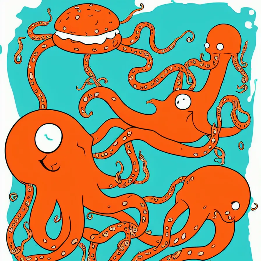 Image similar to high quality illustration of a giant octopus holding hamburger, tentacles wrapped around burger, vector art, poster, symmetry