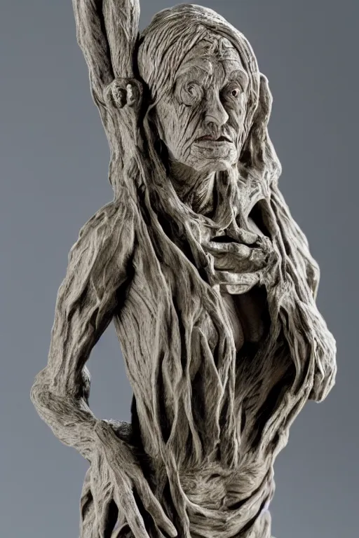 Prompt: a witch statue made in feldspar showing her veins along her body, realistic high level of quality and detail, 8 k